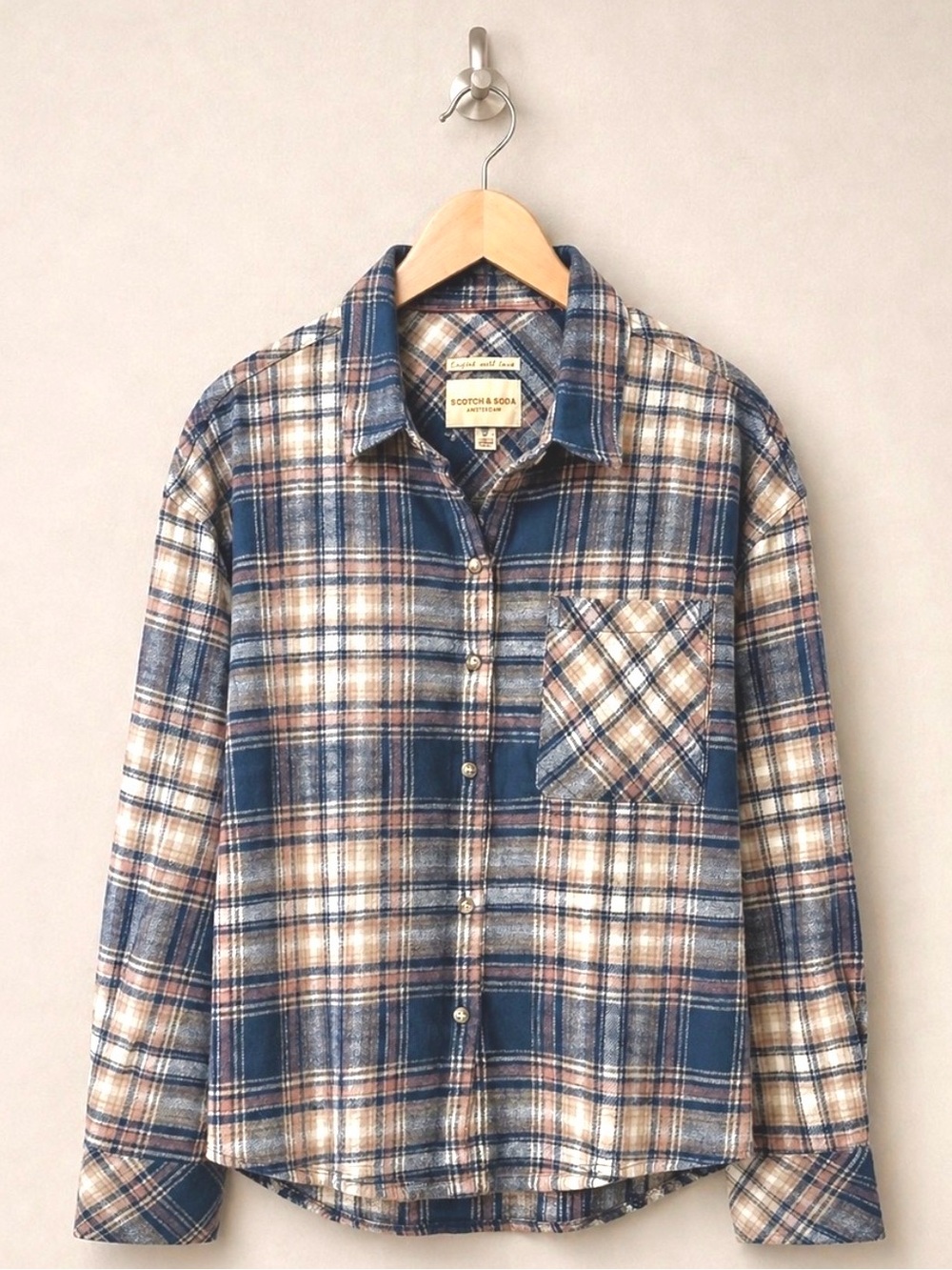 Scotch & Soda Plaid Flannel Shirt Women’s Size L Pink Blue Button Up NWT